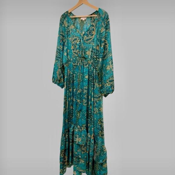 Anthropologie Boemo turquoise Paisley Long Sleeve Flowy Maxi Dress XL - Picture 1 of 8